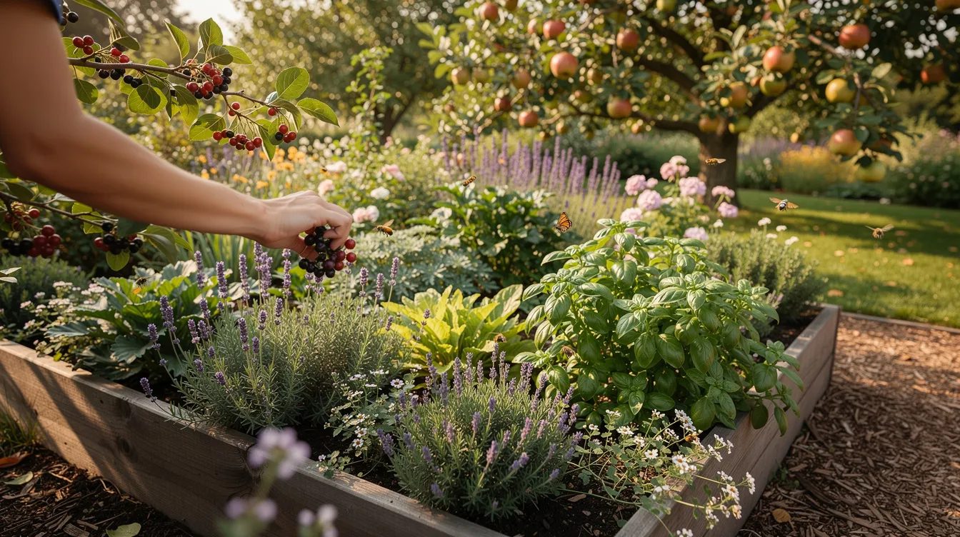 A person is seen picking ripe berries from a vibrant, multi-layered garden filled with various plant species, including flowering herbs and fruit trees in the background. This lush setting highlights the importance of biodiversity and ecosystem services in supporting human health and food security. A person is seen picking ripe berries from a vibrant, multi-layered garden filled with various plant species, including flowering herbs and fruit trees in the background. This lush setting highlights the importance of biodiversity and ecosystem services in supporting human health and food security.
