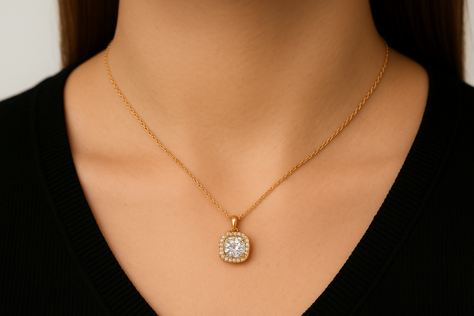 Pakabukas su pagalvėlės formos (cushion cut) deimantu, geltono aukso įtvirtinimas ir grandinėlė, ant tiesiai stovinčios stilingos merginos kaklo, elegantiškas ir subtilus dizainas.