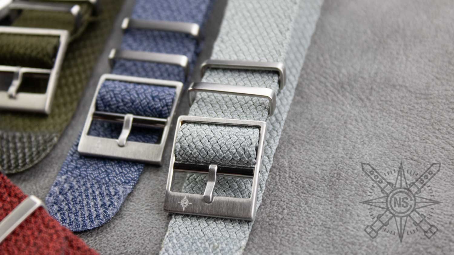 A close-up of a perlon strap showing its breathable material.