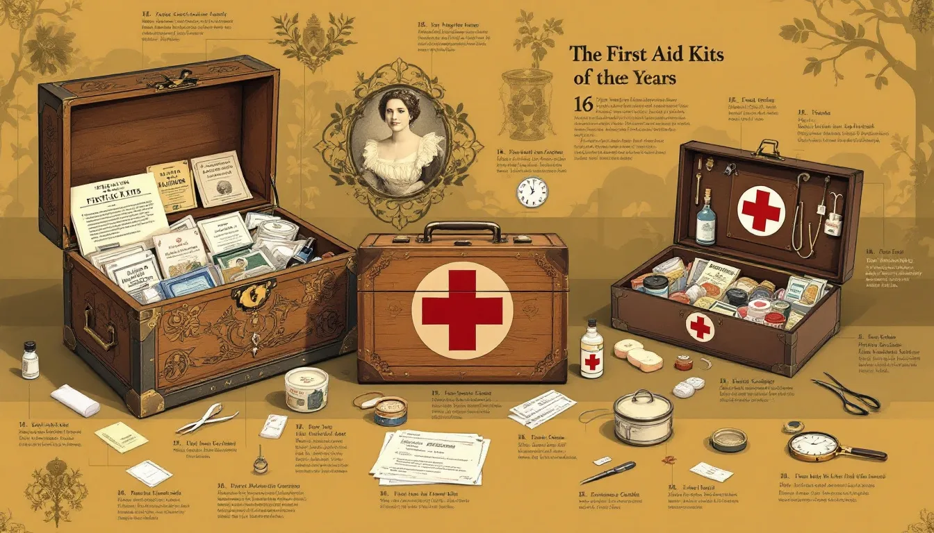 Historical evolution of first aid kits through the years.