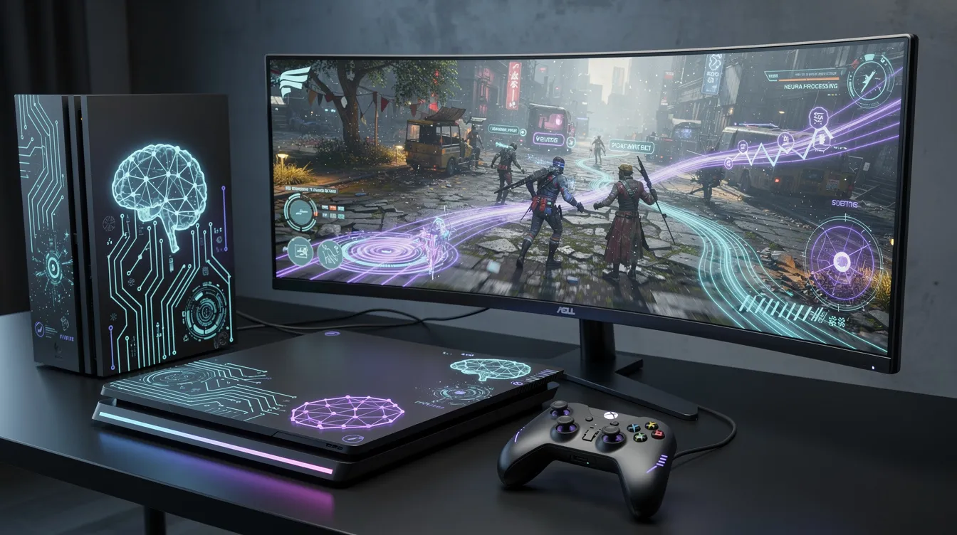 The image depicts next-generation gaming hardware featuring neural processing indicators that showcase AI-driven game content, highlighting the role of artificial intelligence in video game development. This technology enhances game design by enabling smarter NPCs and procedural content generation, allowing developers to create dynamic and engaging game worlds.