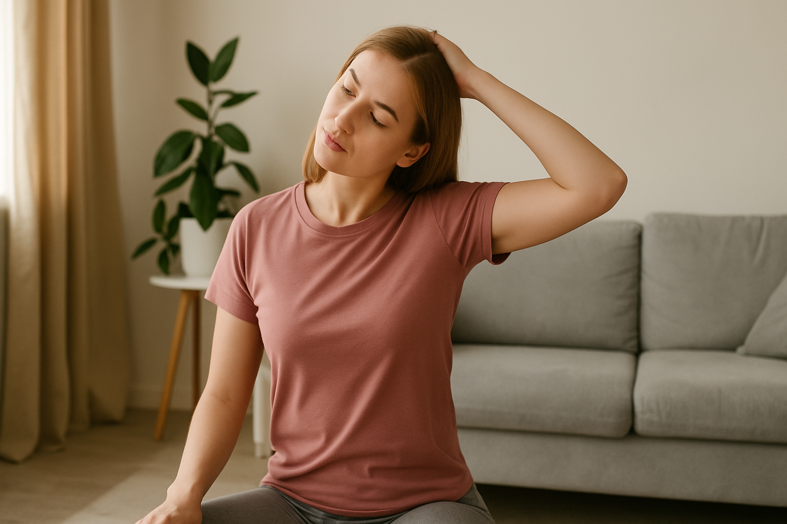 Kvinne gjør enkel nakkestrekk hjemme; typisk øvelse mot spenningshodepine.