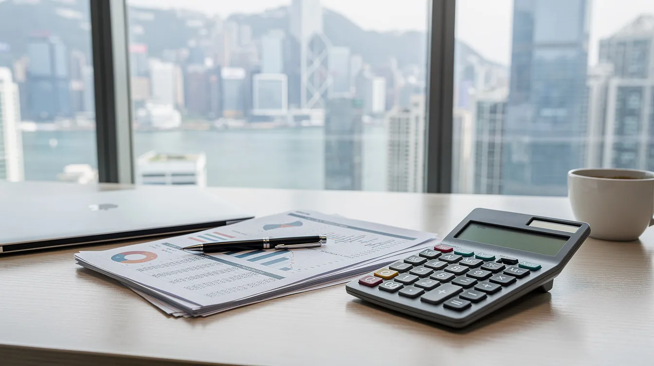 The image shows a stack of financial documents alongside a calculator on a desk, set in a Hong Kong office environment. This scene reflects the process of applying for 中小企業貸款, highlighting the importance of financial organization in managing business financing.