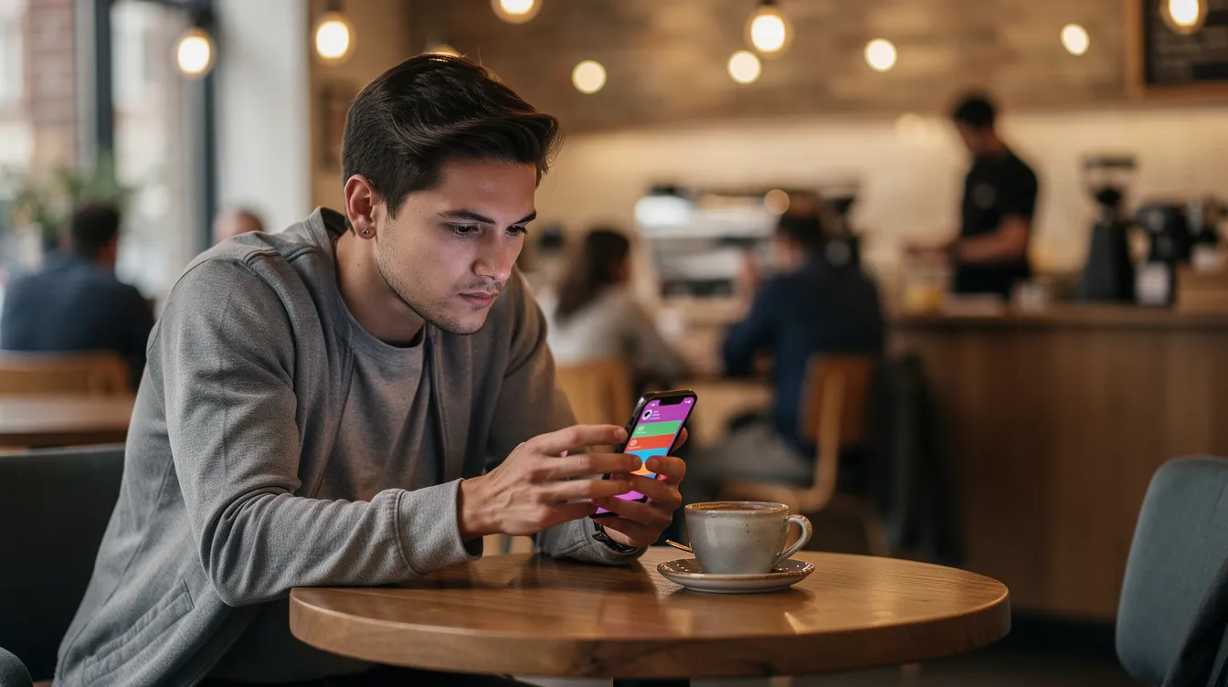 A person is sitting in a cozy coffee shop, thoughtfully scrolling through a dating app on their smartphone, exploring potential matches and user interactions. The scene captures the essence of modern online dating, where technology and meaningful connections blend to create opportunities for romance and serious relationships.