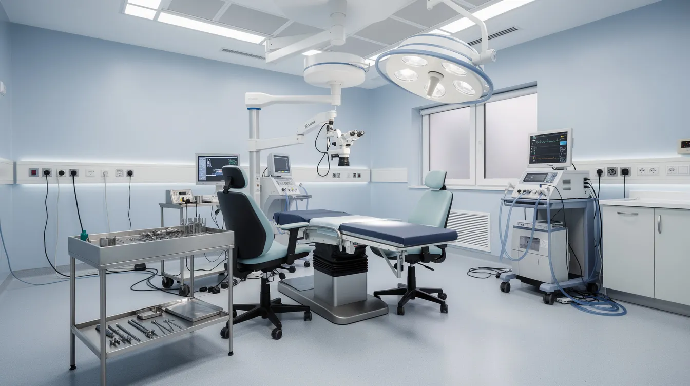 The image depicts a modern ophthalmology operating room, featuring a surgical microscope and advanced medical equipment, all set within a clean and sterile hospital environment. This facility is designed to provide high standards of care for patients undergoing cataract surgeries and other vision correction procedures, ensuring safety and quality in treatment.