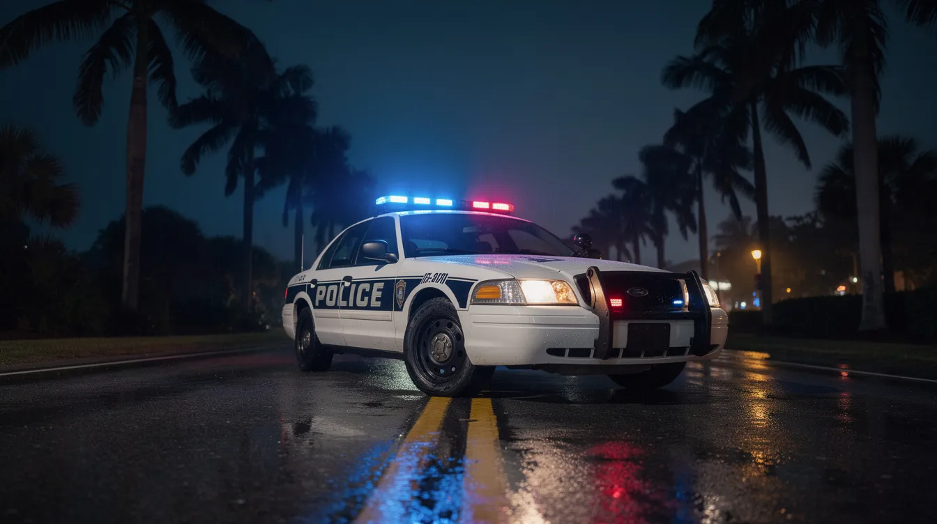 A police car with flashing lights is parked on a Florida road at night, highlighting the seriousness of the situation often encountered in the criminal justice system. This scene may evoke thoughts about the importance of hiring a qualified criminal defense attorney when facing criminal charges.