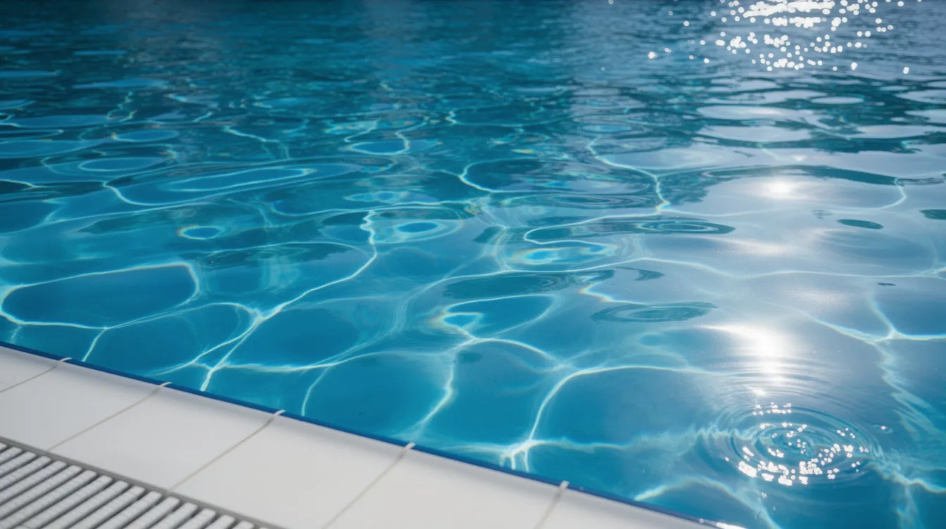 A clear blue swimming pool glistens under the sunlight, with the water surface reflecting light and creating a sparkling effect. The scene captures the essence of a well-maintained swimming pool, inviting for a refreshing swim.