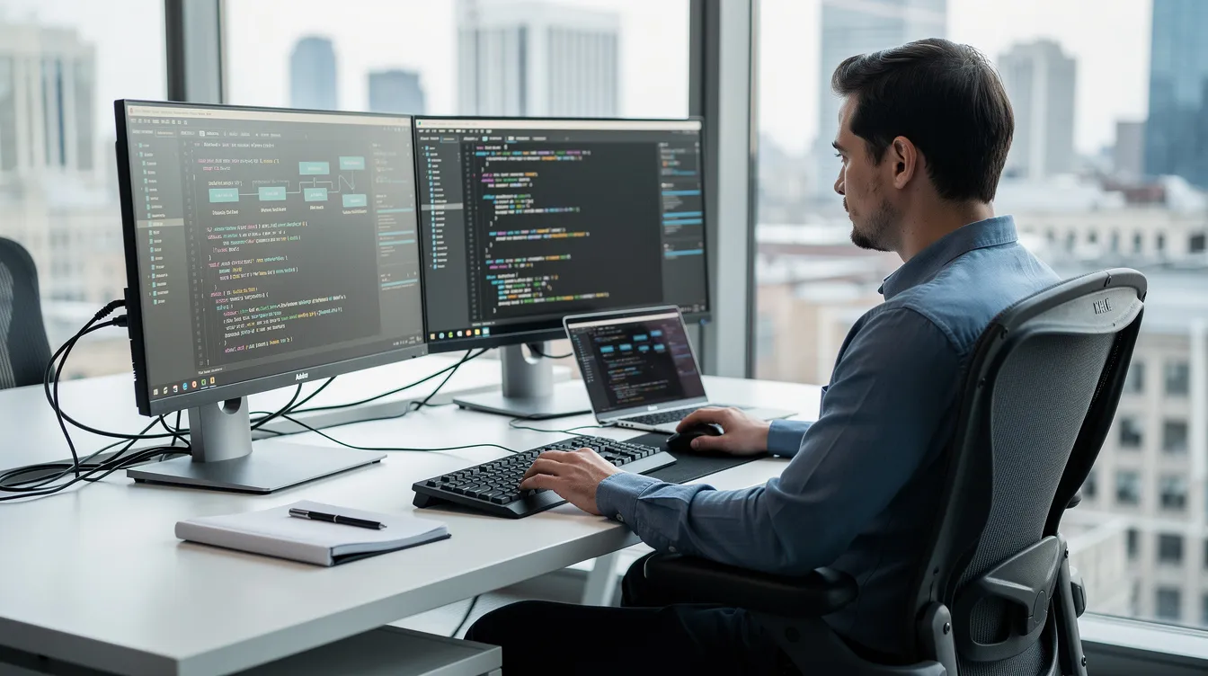 The image depicts a professional software developer focused on their work at a modern office desk, equipped with dual monitors and a laptop. This setting reflects the growing demand for skilled professionals in the Irish labour market, which often requires various immigration permissions, such as a work visa or critical skills employment permit.