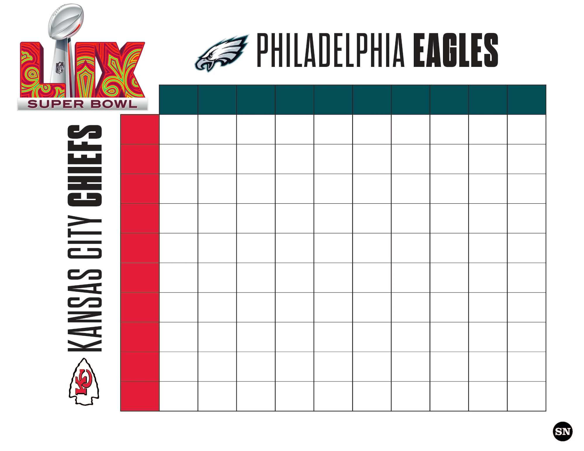 An example of a Super Bowl square as a Super Bowl betting game for this year's Super Bowl.