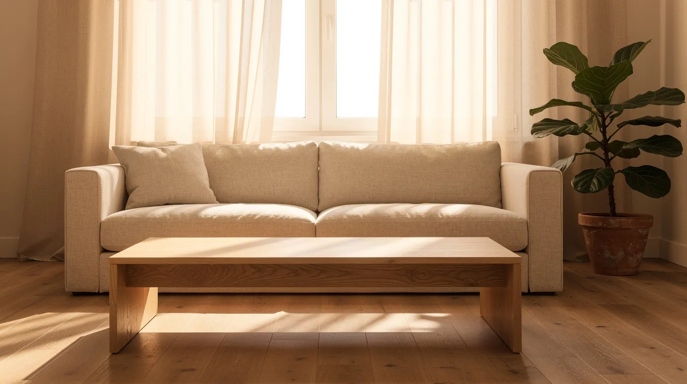 Das Bild zeigt ein ruhiges Wohnzimmer im Japandi-Stil, das mit einem niedrigen Holztisch, einem beigen Leinensofa und einer großen Pflanze in einem Tontopf eingerichtet ist. Warmes Tageslicht strömt durch die leichten Vorhänge und schafft eine harmonische, gemütliche Atmosphäre.