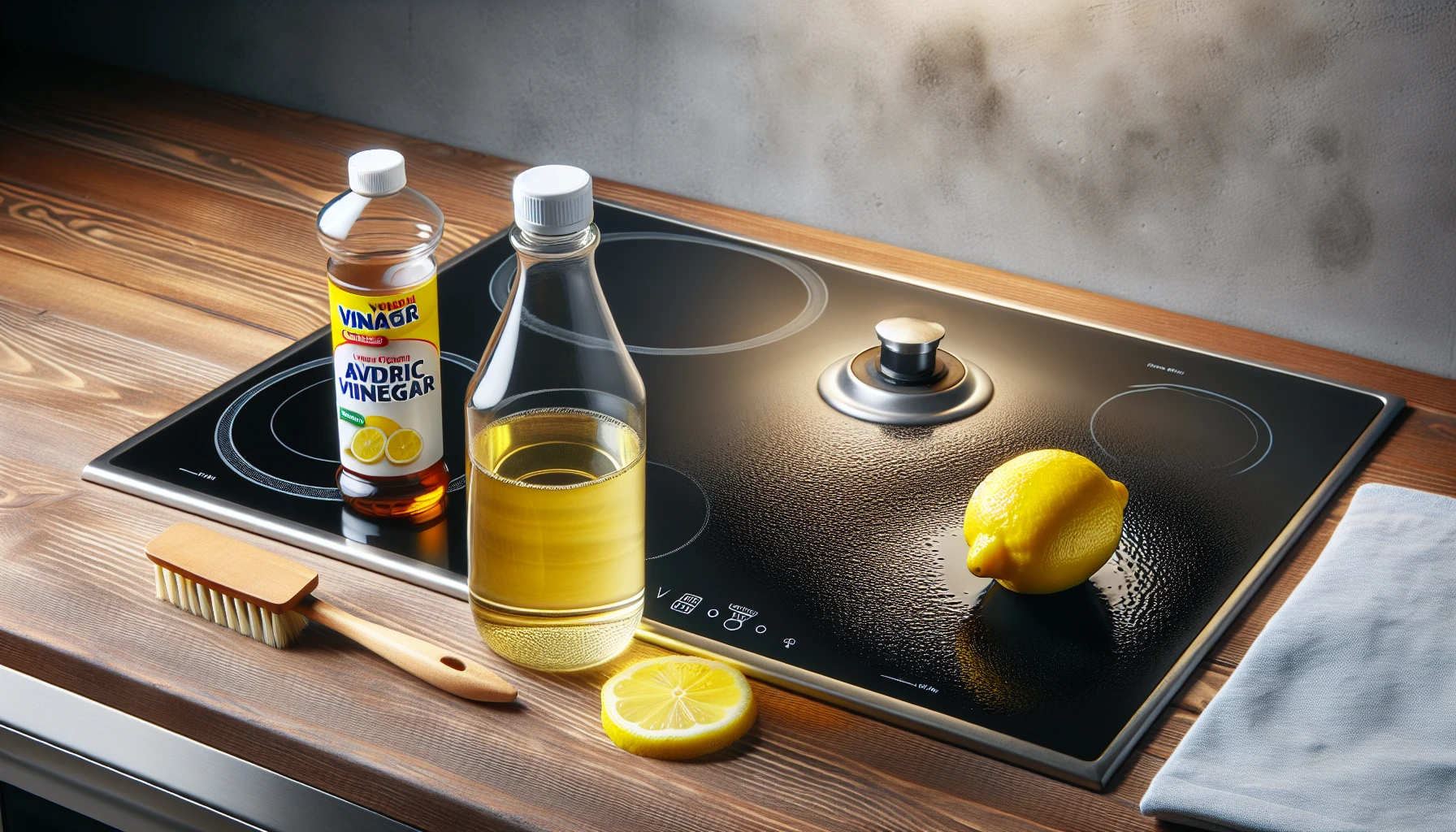 Illustration of vinegar and lemon juice used for cleaning electric stove top