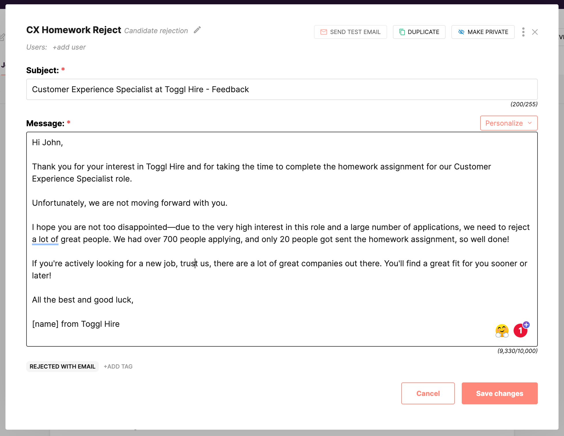 Example of a candidate rejection email in the Toggl Hire email library. 