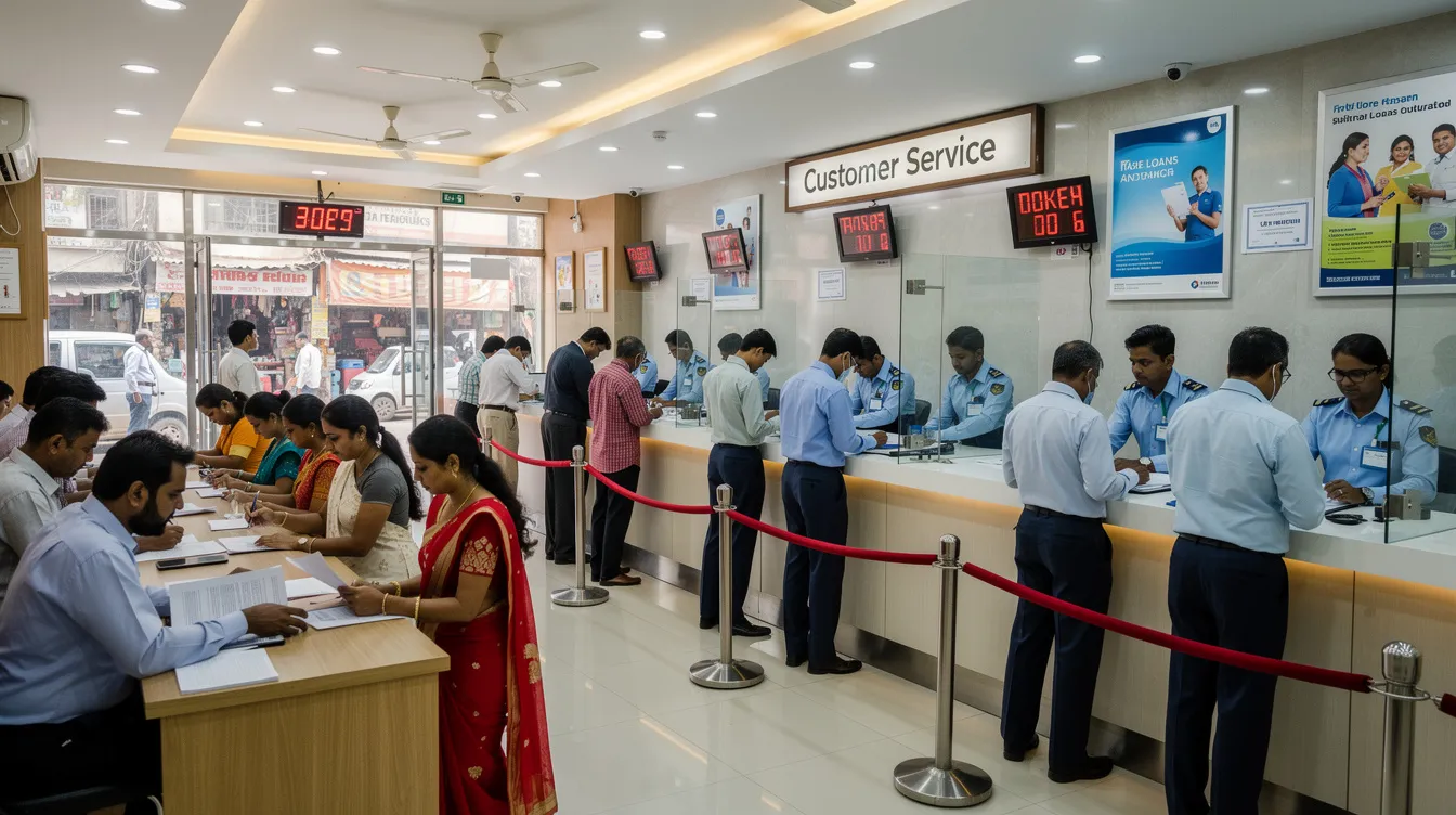 The image depicts a busy bank branch in India, bustling with customers engaged in various transactions at service counters, showcasing the vibrant atmosphere of urban banking. The interior features modern design elements typical of a financial institution, such as IDBI Bank or Baroda Bank, emphasizing the importance of time in managing financial services.
