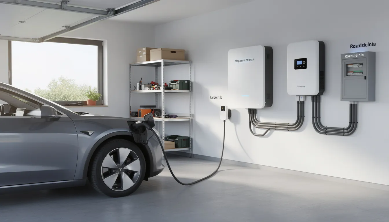 Nowoczesny magazyn energii domowej zainstalowany w garażu, który umożliwia efektywne zarządzanie energią elektryczną z odnawialnych źródeł energii, co pozwala na obniżenie rachunków za prąd i realne oszczędności dla gospodarstw domowych. W tle widoczna jest aplikacja mobilna do monitorowania zużycia energii w czasie rzeczywistym.