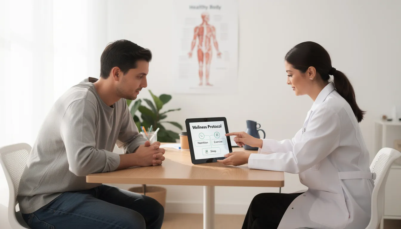 A person is sitting across from a healthcare provider, discussing wellness protocols that include cold exposure techniques like cold water immersion and sauna bathing. The conversation highlights the health benefits of combining hot and cold therapy to improve blood circulation, enhance immune function, and support overall well-being.