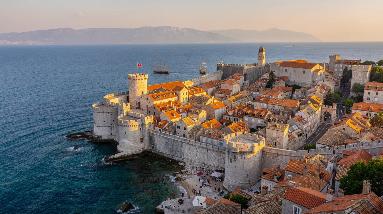 A imagem mostra uma cidade murada medieval à beira do mar Adriático, com telhados alaranjados que se destacam contra as águas azuis do mar. O cenário retrata um centro histórico repleto de charme, onde pessoas caminham pelas ruas estreitas, apreciando a beleza da arquitetura e da paisagem ao redor.