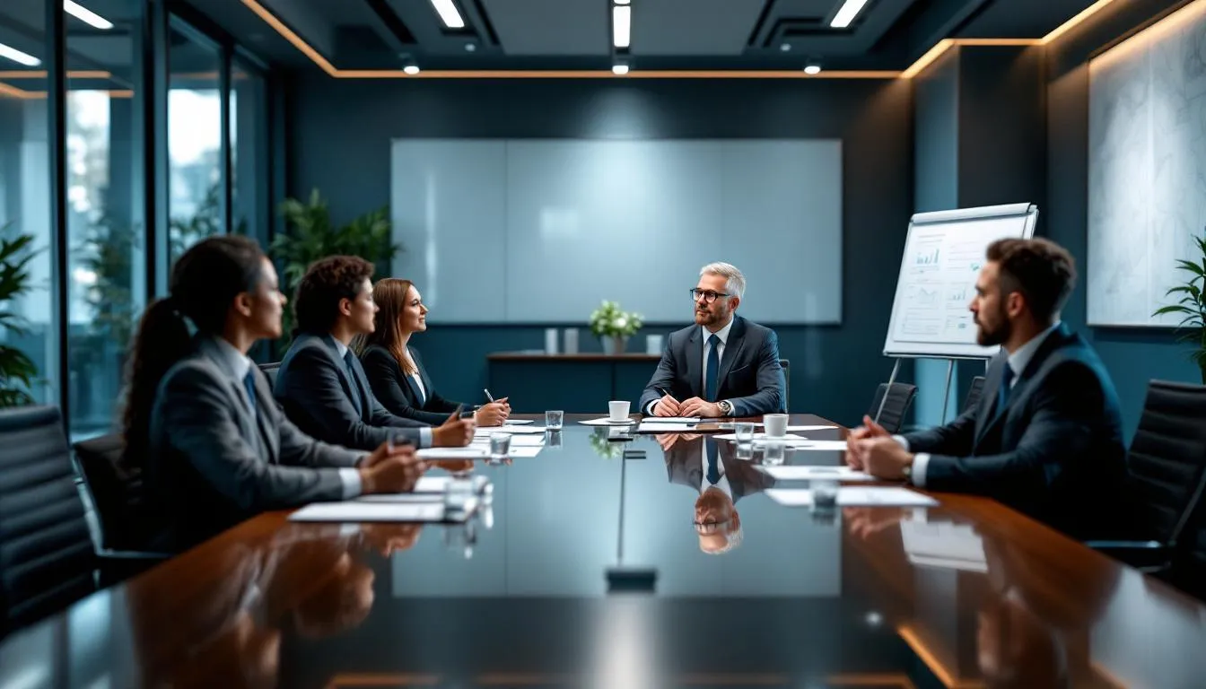 The image depicts an executive team meeting in a modern boardroom of a leading pharmaceutical company, where professionals discuss strategies to enhance their global footprint in the pharmaceutical industry. The atmosphere reflects collaboration and innovation, essential for thriving in the competitive global pharmaceutical market.