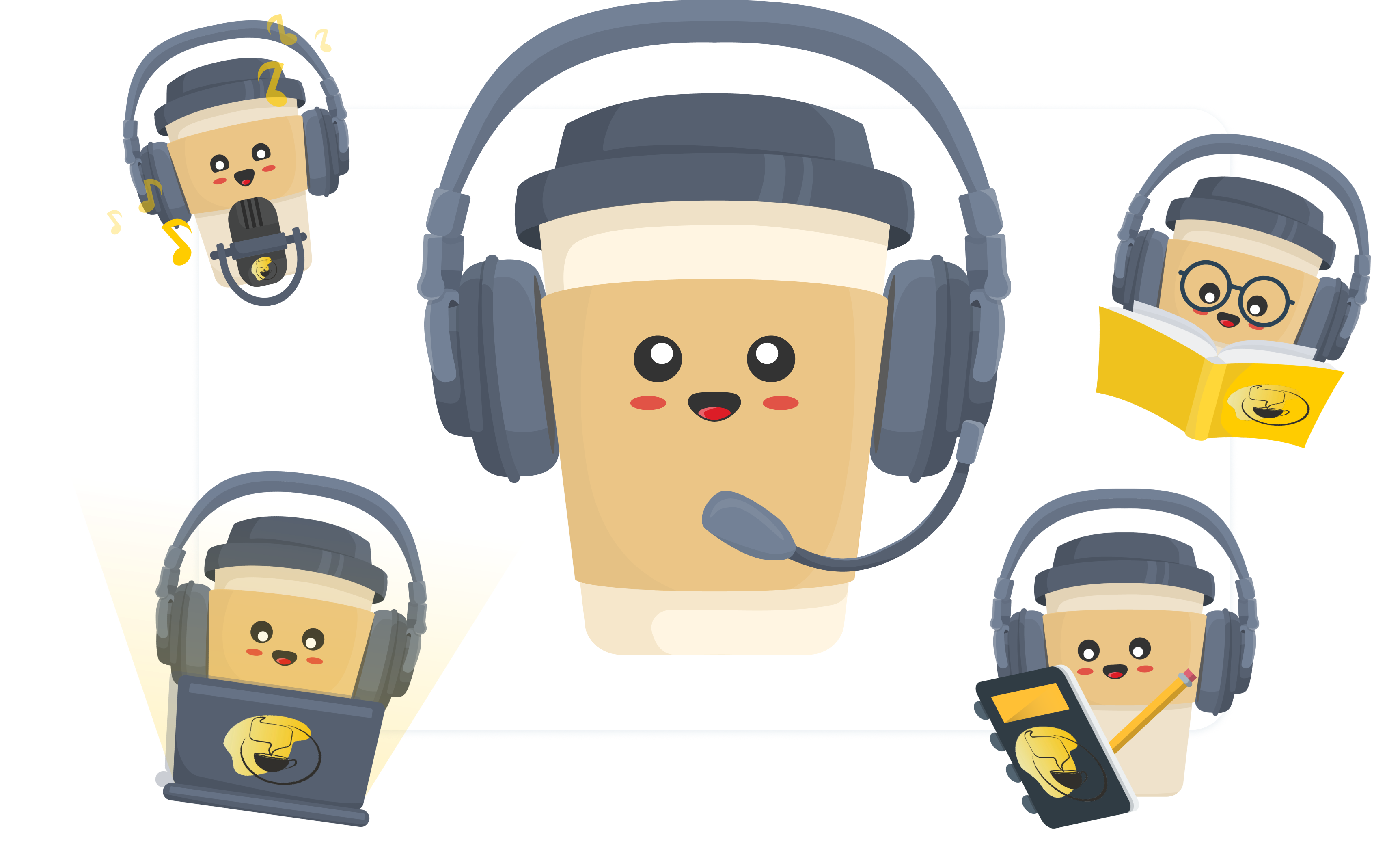 5 coffee cups with headsets and props
