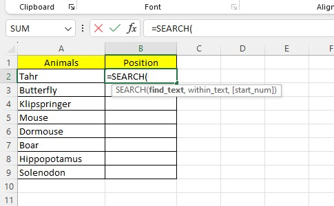 Select a cell, then type the SEARCH formula.