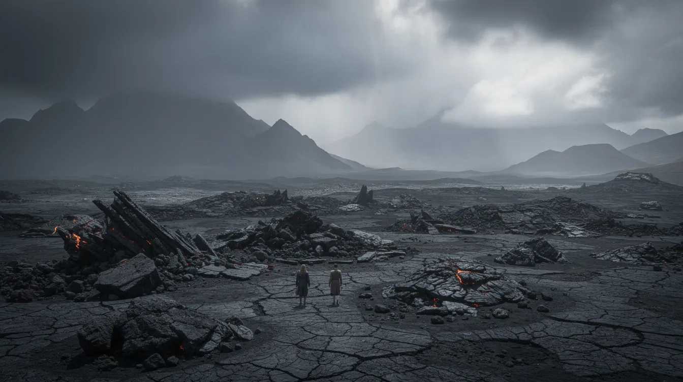 Zwei kleine Figuren, die aneinander gelehnt gehen, durchqueren eine weite, karge vulkanische Landschaft, umgeben von dunklen Wolken und fernen Berggipfeln. Diese Szene erinnert an die Abenteuer aus "Der Herr der Ringe" und vermittelt das Gefühl von Einsamkeit und Entschlossenheit in der fantastischen Welt von Mittelerde.