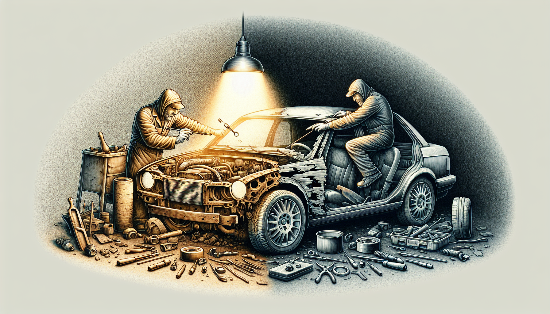 Illustration of a mechanic repairing minor damages on a junk car