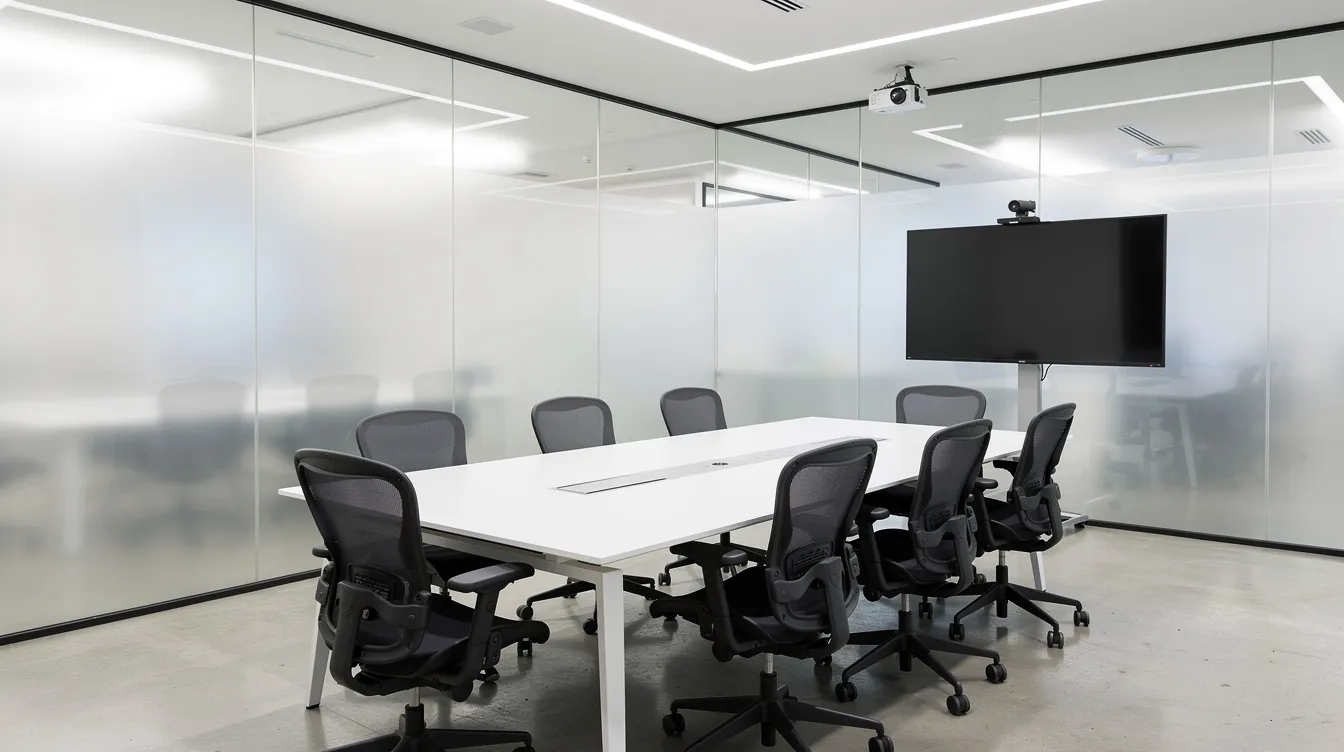 The image depicts a modern office conference room featuring glass walls with privacy switchable film, currently set to opaque. This design enhances confidentiality, making it ideal for business meetings, and reflects a professional environment that supports successful businesses and franchise owners.