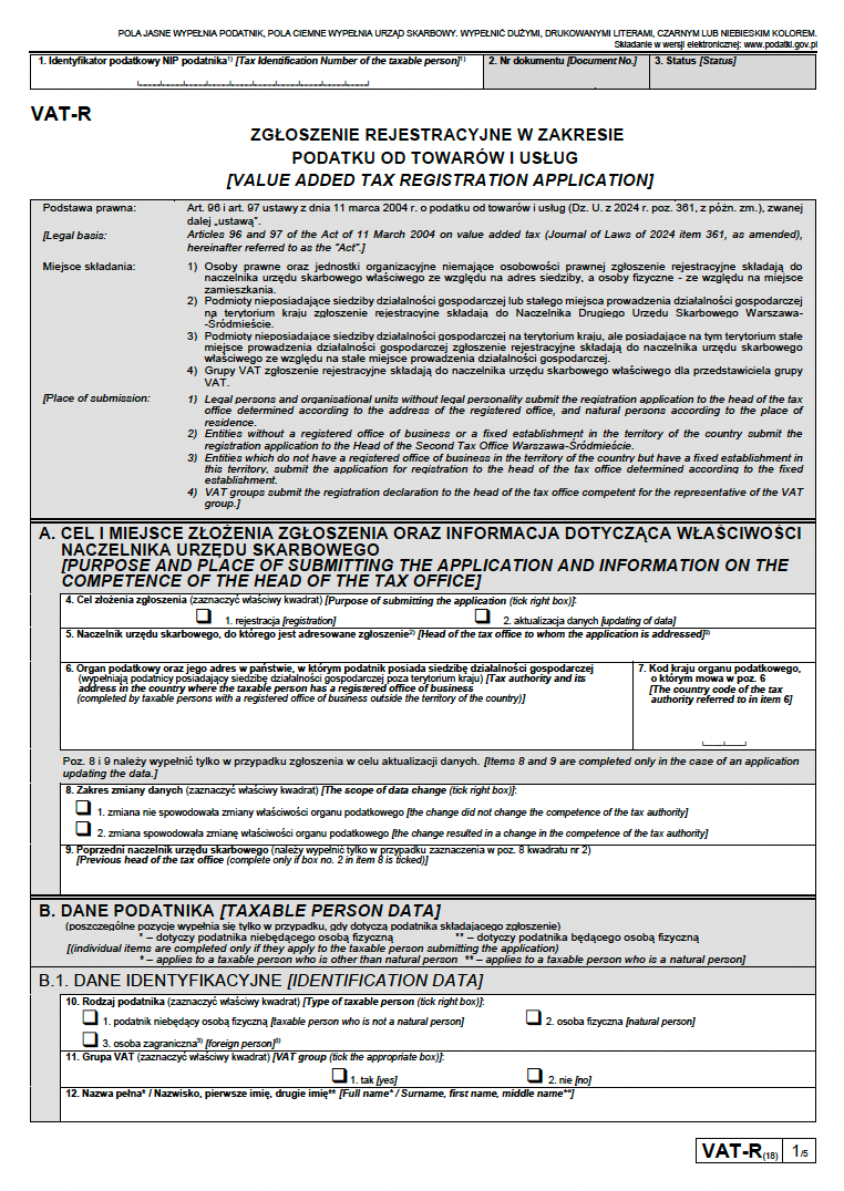 Screen formularza VAT-R strona 1