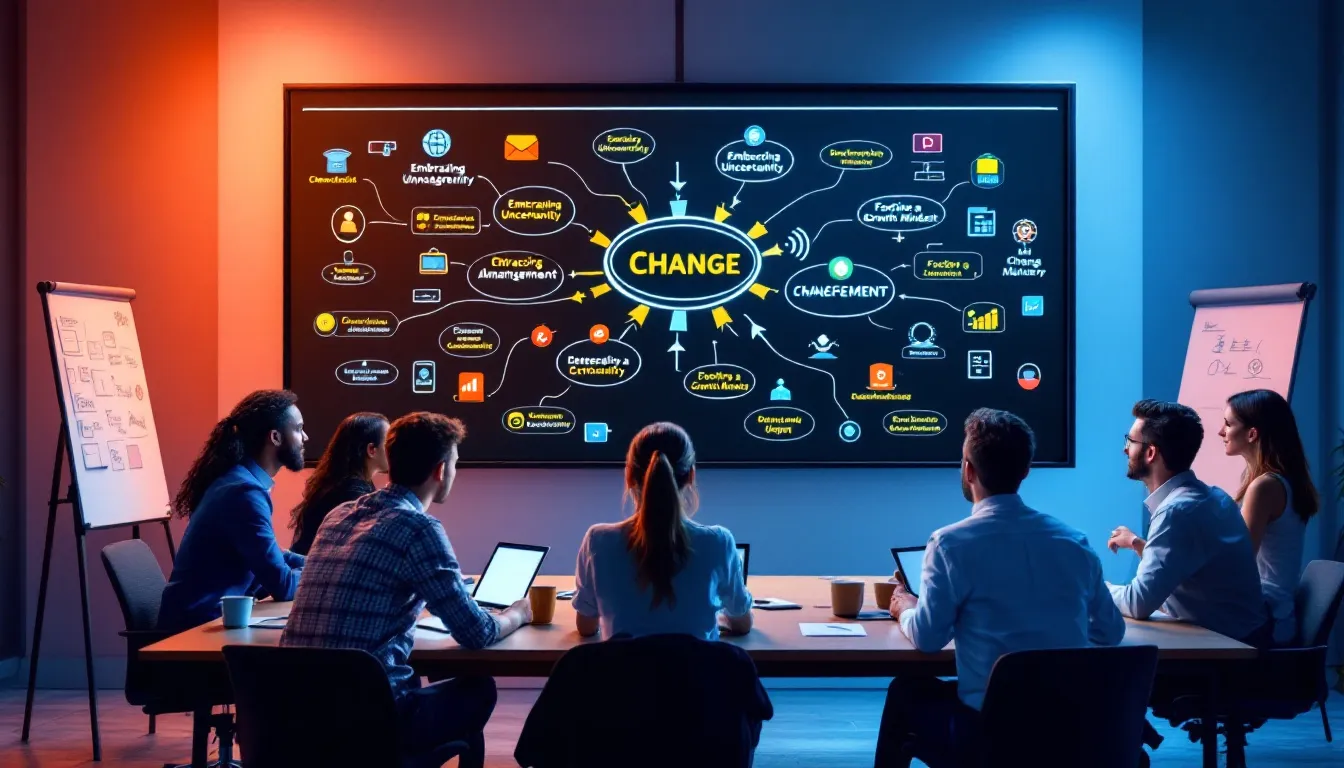 A team collaborating on integrating change management and change leadership.
