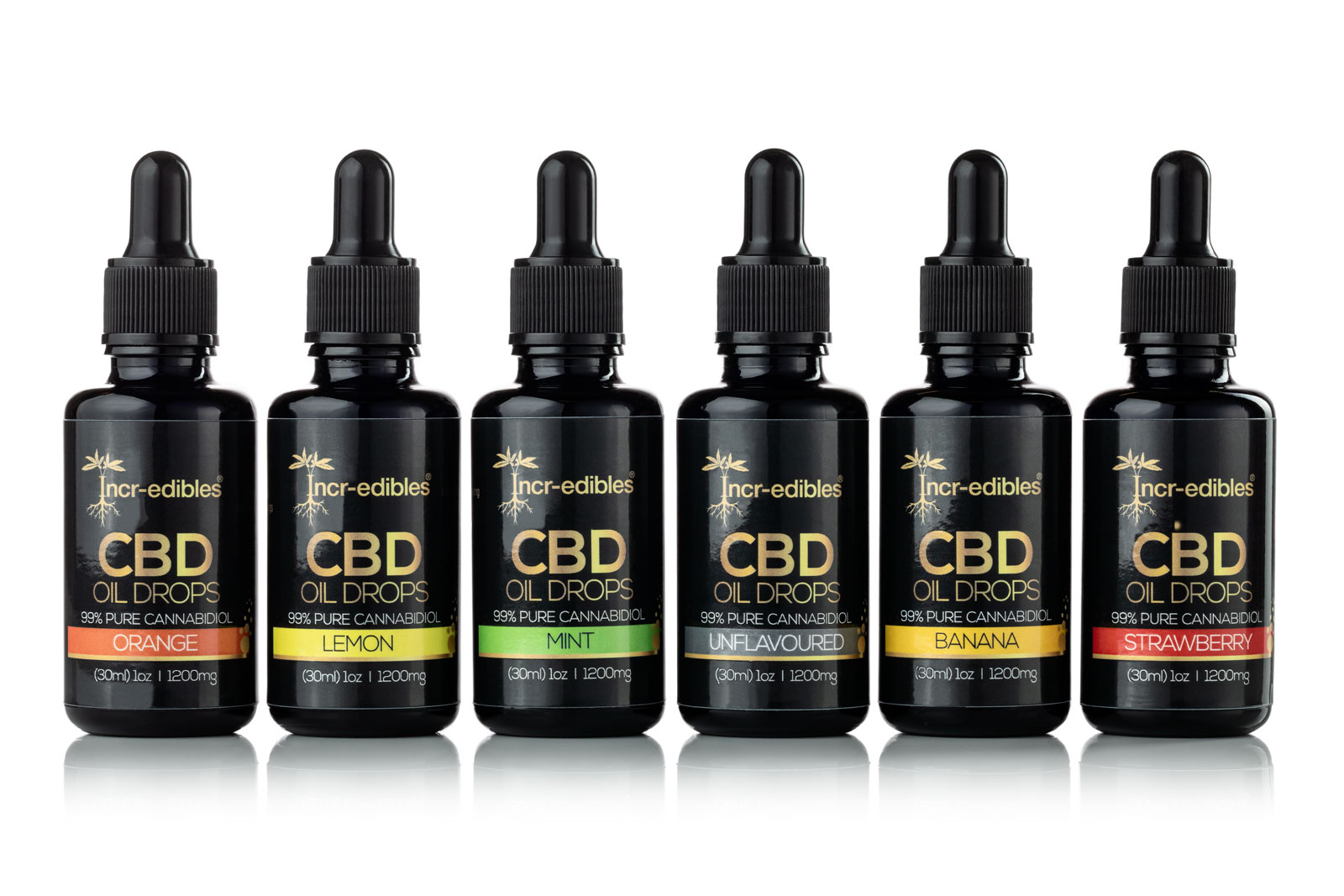 6 x 30ml Flavoured CBD Bottles including Orange, Lemon, Mint, Natural, Banana and Strawberry by Incr-edibles