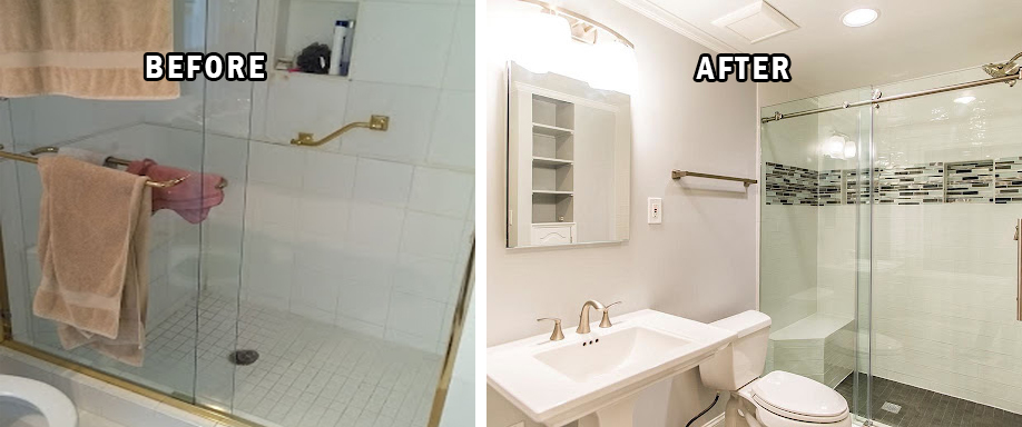 Before and after bathroom project with toilet, and shower