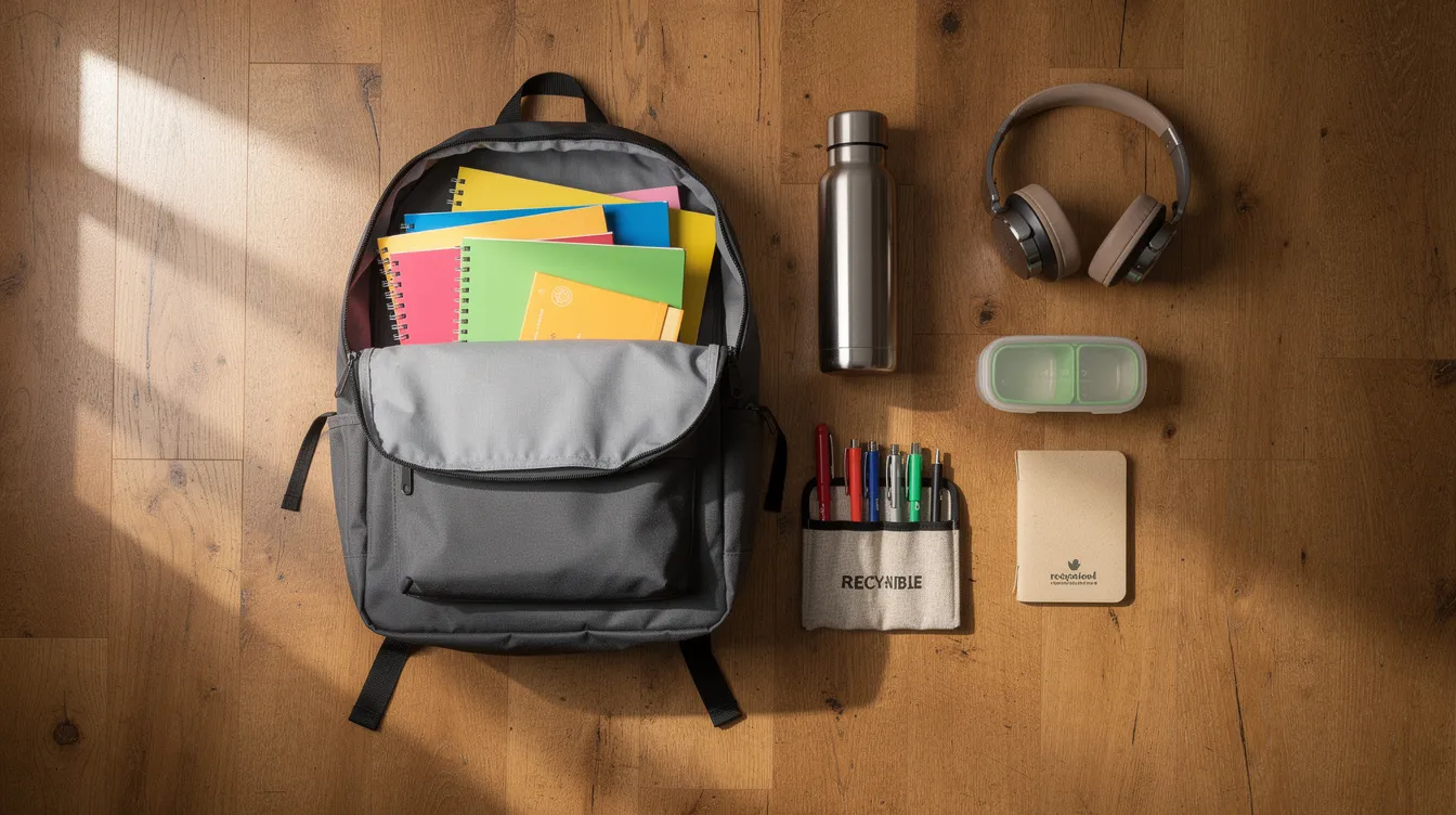 An open backpack rests on a hardwood floor, surrounded by essential school supplies such as colorful binders, reusable water bottles, and headphones, highlighting the excitement of back to school shopping on a budget. This scene captures the essence of preparing for the new school year with practical items that help families save money while ensuring students are ready for classes.