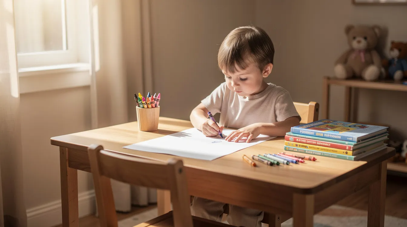 A child is sitting at a small wooden desk near a well-lit window, surrounded by neatly arranged books and art supplies like crayons, creating a dedicated learning space that fosters creativity and supports their learning journey. This inviting environment at home encourages the child's growth and enhances their problem-solving skills.