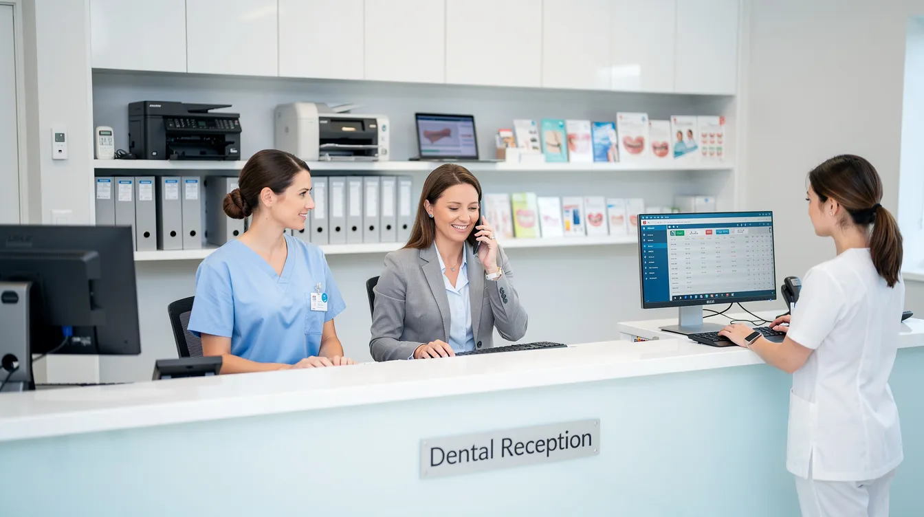 The image shows a dental administrative team working diligently at the front desk, equipped with computers to manage patient records and handle dental billing. They are focused on ensuring accurate documentation for dental procedures and navigating insurance details, which is essential for proper dental coding and maximizing reimbursement.
