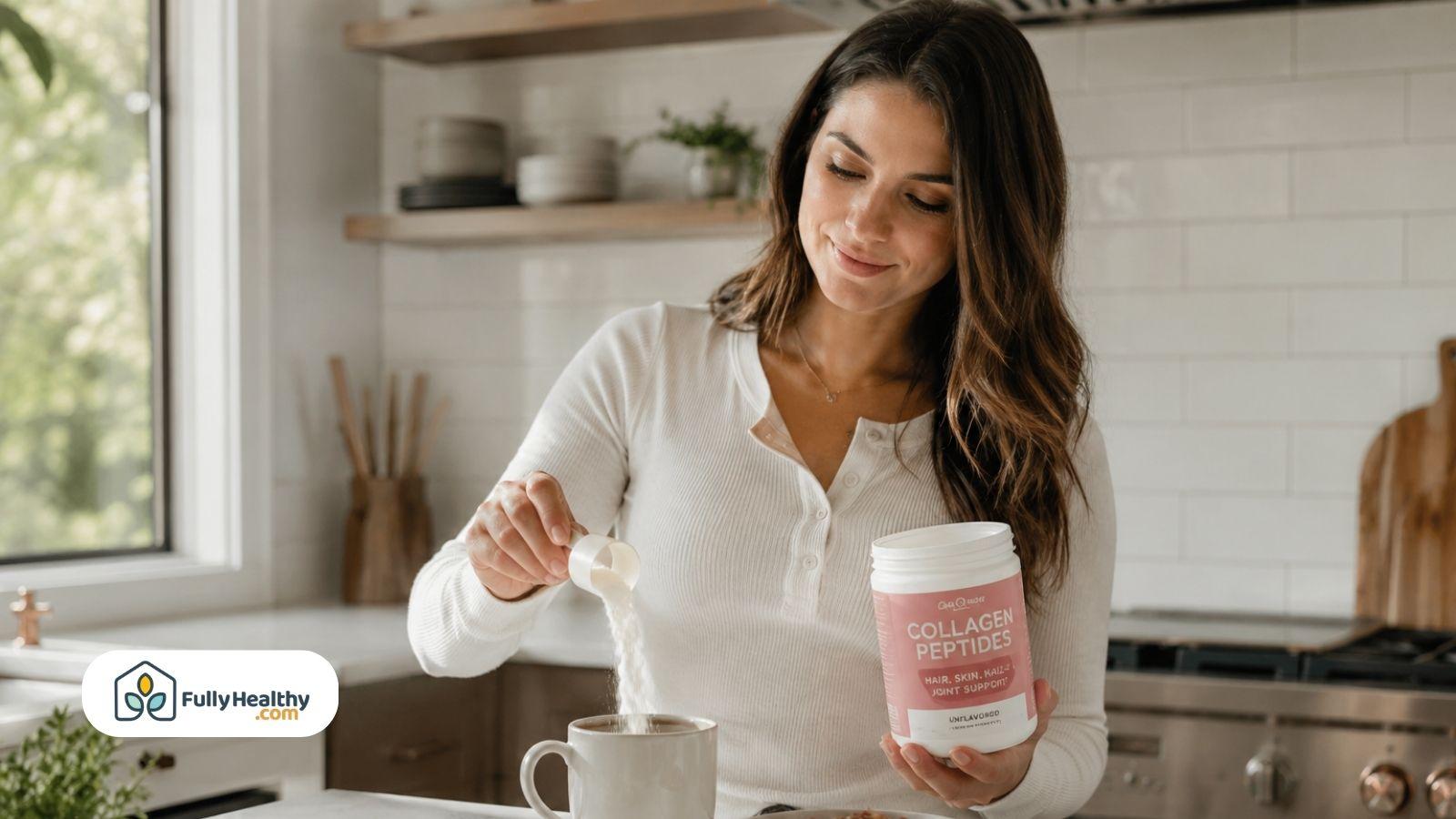 Woman adding collagen peptides powder into morning coffee in bright modern kitchen setting
