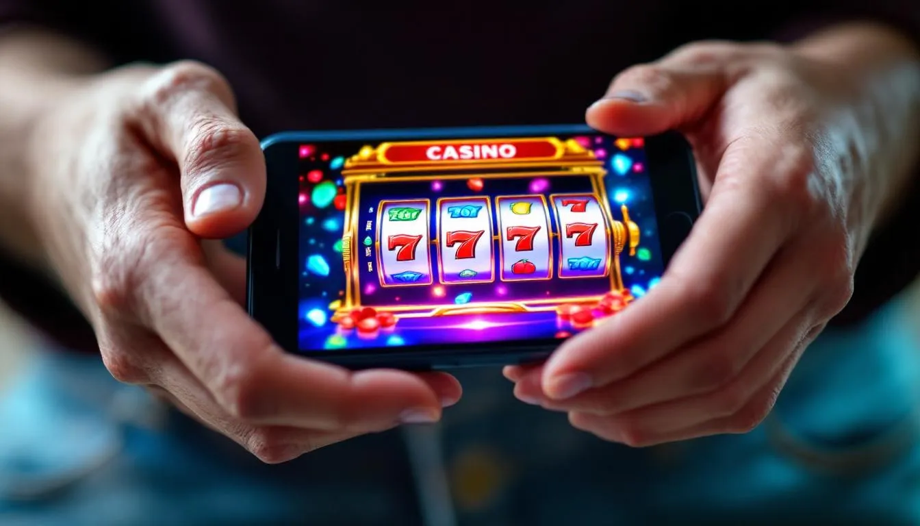 En bild av händer som håller en smartphone med en färgglad online casino-gränssnitt som visar olika spelautomater. Denna bild illustrerar hur svenska spelare kan spela på utländska casinon med spännande funktioner och erbjudanden.