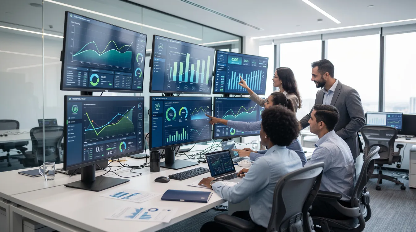 Un equipo de profesionales se encuentra en una oficina analizando datos en grandes monitores que muestran gráficos y métricas de rendimiento. Esta escena refleja la importancia de la inteligencia artificial y la automatización en la gestión de cobranzas, facilitando la toma de decisiones y el seguimiento de cuentas.