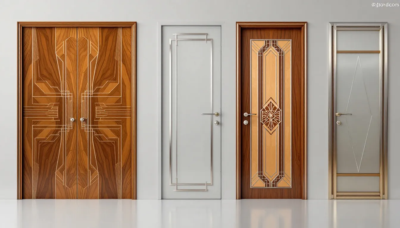 Different materials used for art deco interior doors, including wood, glass, and metal.