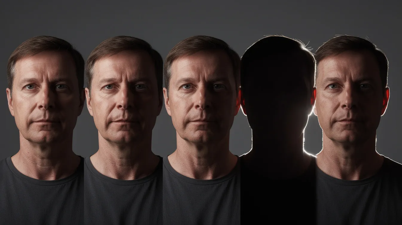 Fünf nebeneinander angeordnete Porträts einer Person zeigen die Wirkung unterschiedlicher Lichtsetzungen: von Seitenlicht, Licht von oben und unten bis hin zu Gegenlicht als Silhouette und Frontallicht. Diese Fotografie veranschaulicht die verschiedenen Aspekte der Lichtgestaltung in der Portraitfotografie und deren Einfluss auf das Erscheinungsbild des Gesichts.