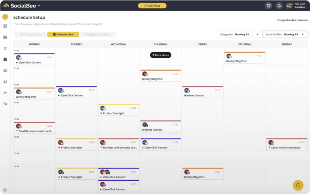 Tableau de bord SocialBee