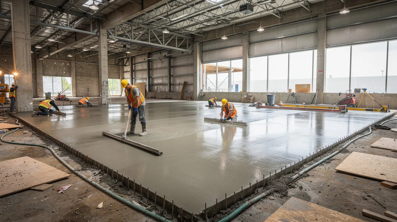 Workers finish a newly poured concrete slab inside a commercial building under construction.