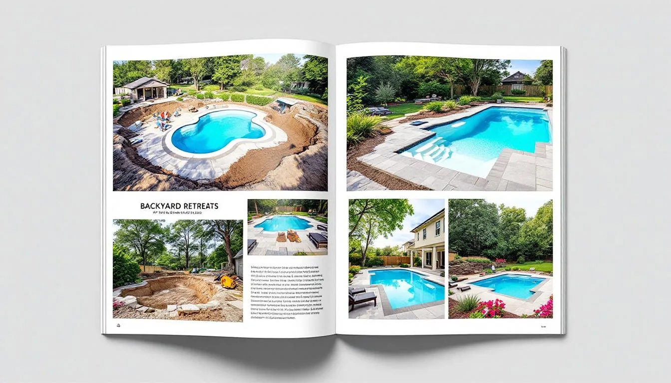 The fiberglass pool installation process illustrated with construction scenes.