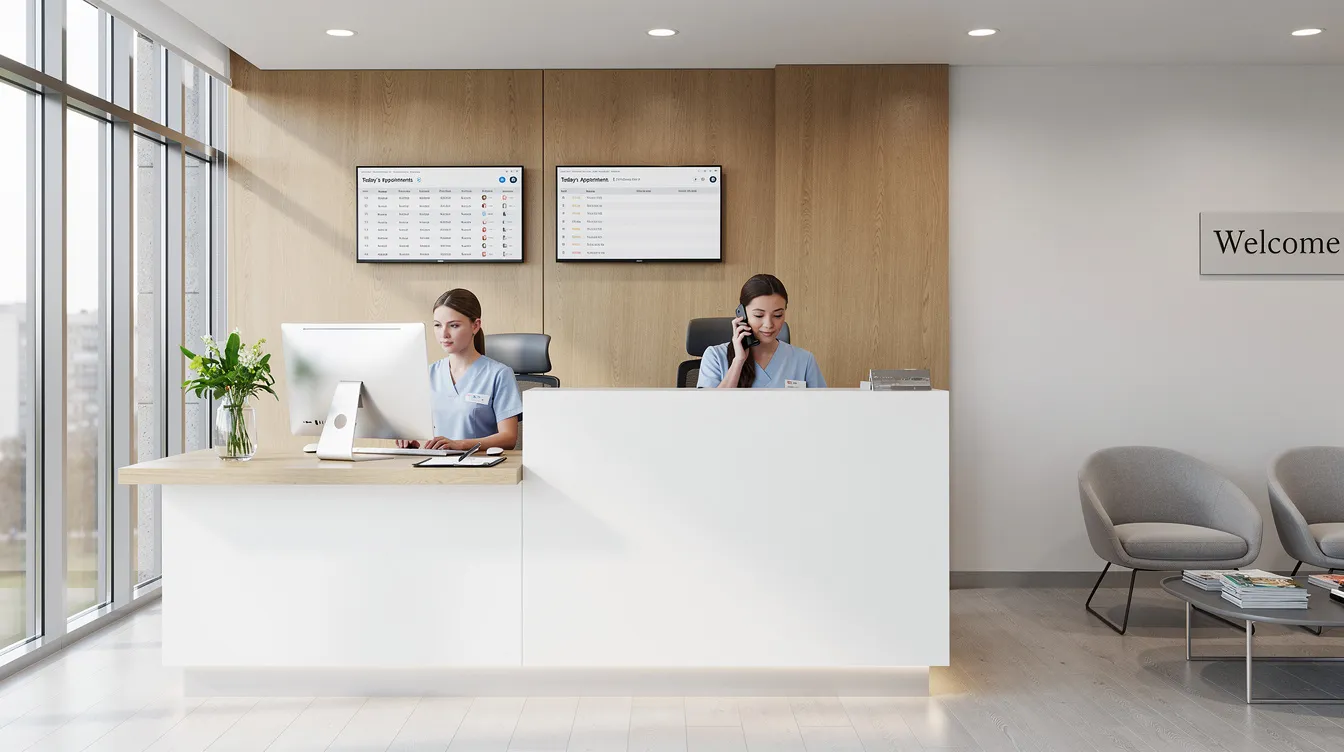 The image shows a modern dental office reception area where dental professionals are actively working at computers, managing administrative tasks and ensuring efficient patient care. This setting highlights the importance of outsourcing medical billing and the role of medical billing specialists in enhancing revenue cycle management for healthcare organizations.