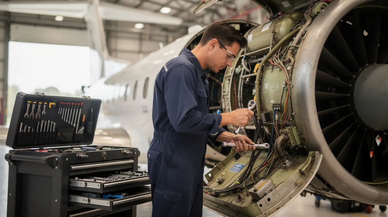 An aircraft mechanic is working diligently with tools beside an open aircraft engine, showcasing the hands-on skills required in aviation maintenance. This scene highlights the practical experience gained through an FAA-approved apprenticeship program, essential for aspiring maintenance technicians in the industry.