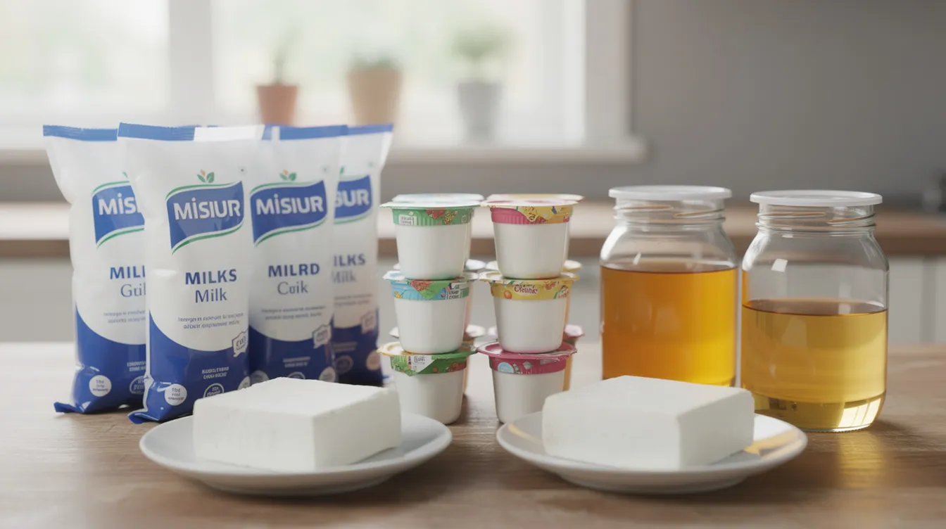 The image displays a variety of Indian dairy products, including milk pouches, curd cups, paneer blocks, and ghee jars, neatly arranged on a table. This assortment highlights the diverse offerings of the dairy industry, showcasing products that are integral to local dairy farmers and the dairy processing business in India.