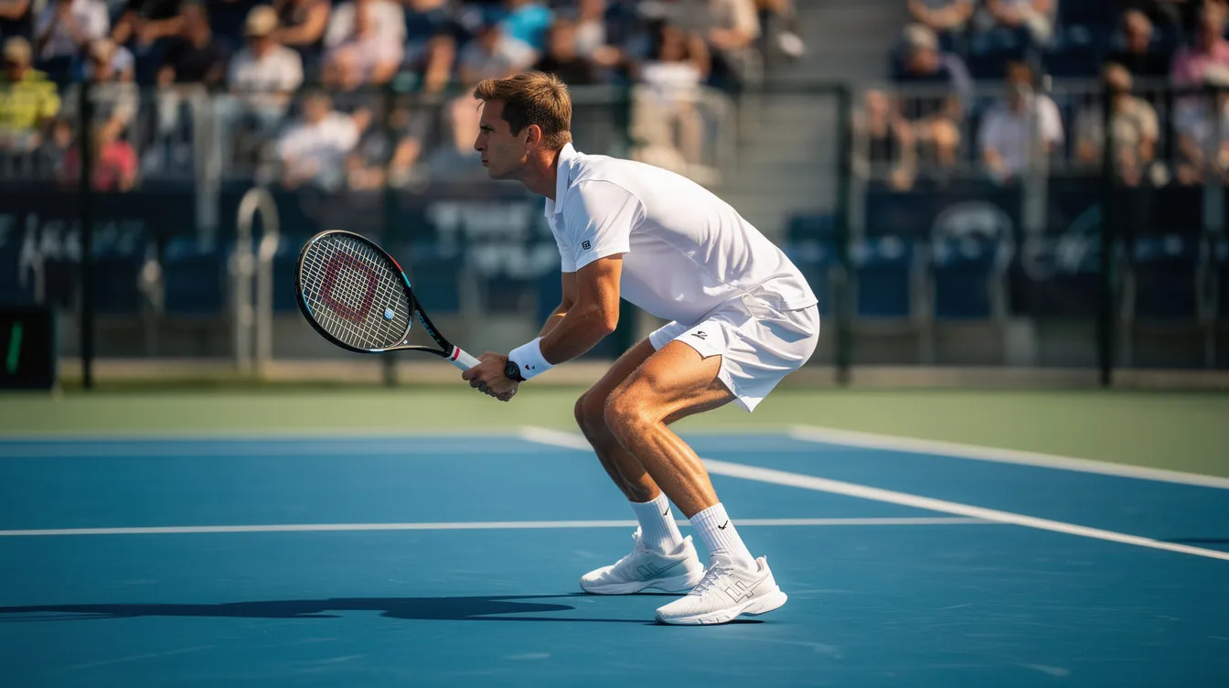 A tennis player is captured in the moment of a split step on a hard court, with knees bent and weight balanced on the balls of their feet, preparing to react to their opponent's serve. This position showcases their readiness to move laterally and execute a strong service return, emphasizing the importance of reaction time and positioning in the game.