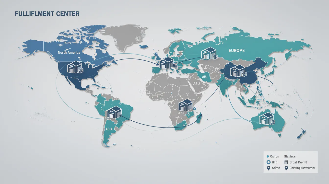 The image depicts a detailed map illustrating the network of fulfillment center locations across various regions, highlighting the extensive fulfillment operations essential for ecommerce businesses. This visual representation emphasizes the importance of a well-structured fulfillment strategy in meeting customer expectations and optimizing the entire fulfillment process.