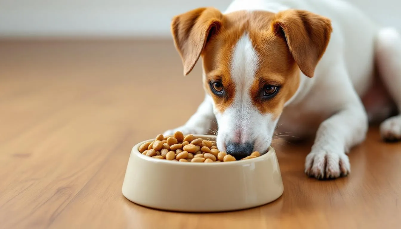 A Parson Russell Terrier is happily eating high-quality dog food from a stainless steel dog bowl, showcasing its mostly white coat with some tan markings. The energetic dog appears content and focused on its meal, embodying the playful and lively spirit of the breed.