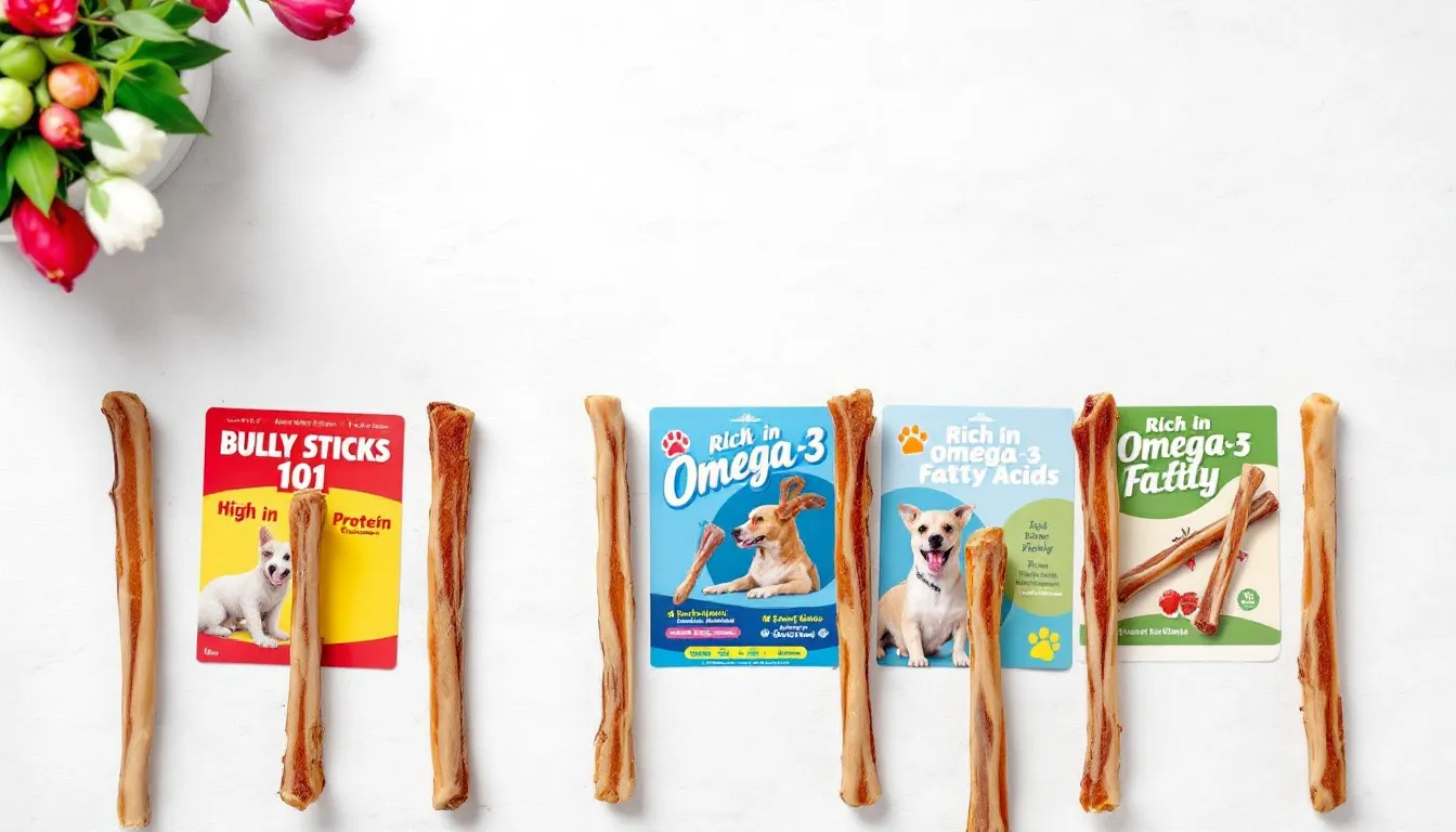 An assortment of bully sticks highlighting their nutritional benefits for dogs.