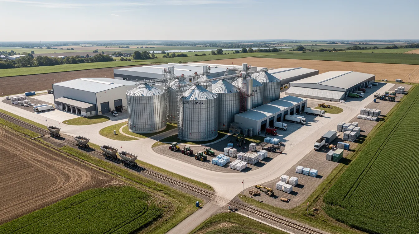 943ee39b c811 4884 940a 983463df3bb9 An aerial view of a large agricultural processing complex showcases extensive storage facilities and processing units dedicated to the soybean oil extraction process. The site is integral to the production of soybean meal and oil, contributing to animal feed and other industrial applications.