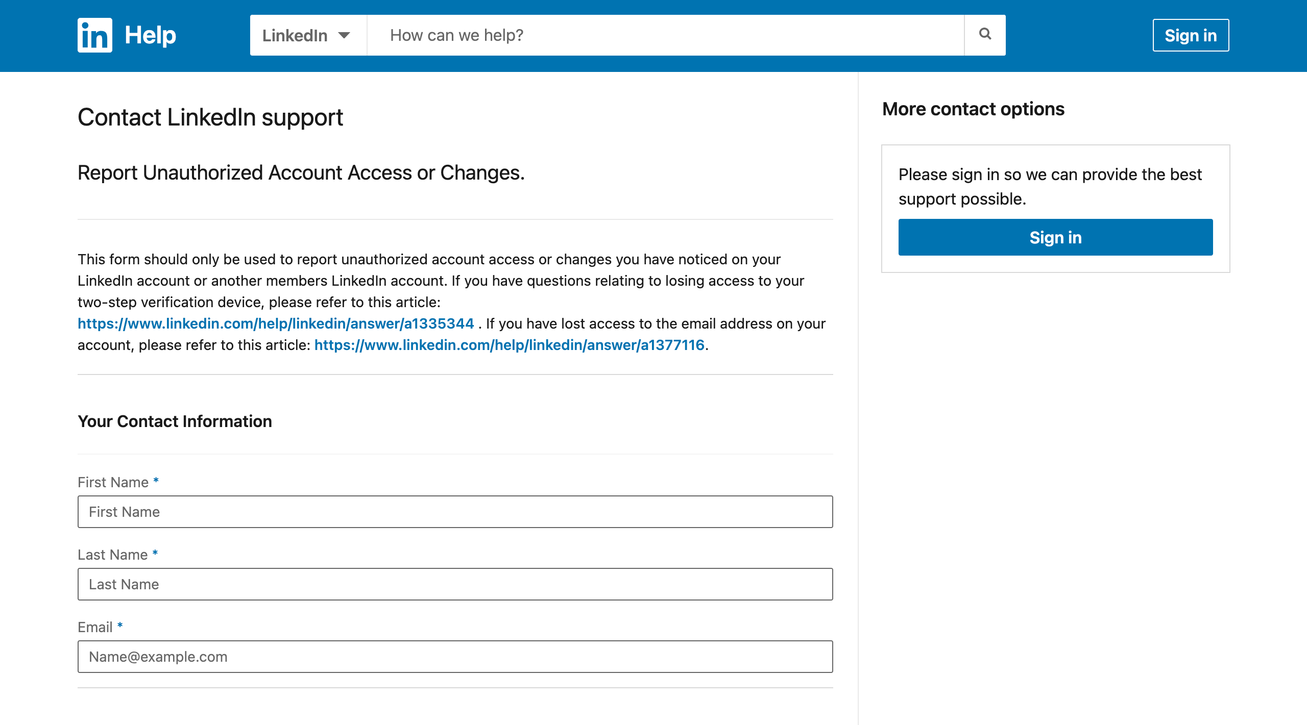 LinkedIn compromised account form